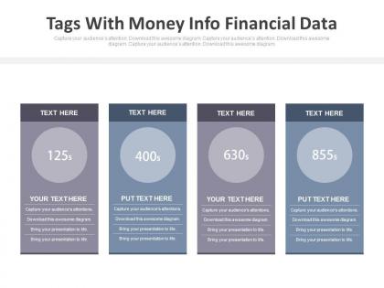 Four tags with money info financial data powerpoint slides
