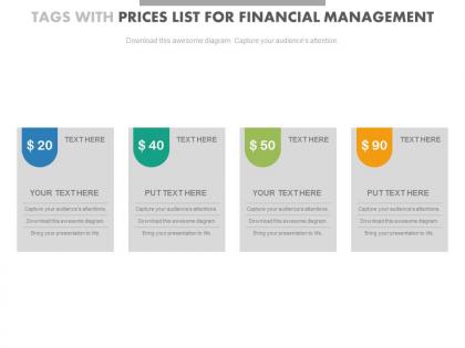 Four tags with price list for financial mangement powerpoint slides