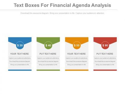 Four text boxes for financial agenda analysis powerpoint slides