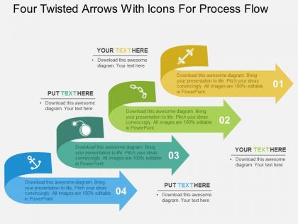 Four twisted arrows with icons for process flow flat powerpoint design