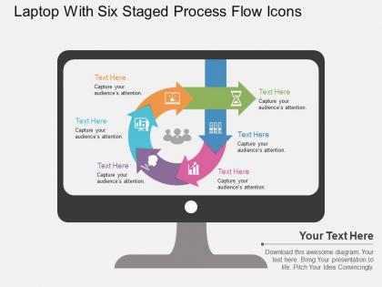 Fp laptop with six staged process flow icons flat powerpoint design