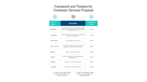 Framework And Timeline For Contractor Services Proposal One Pager Sample Example Document