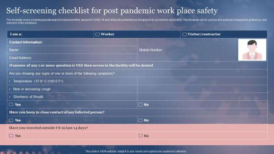 Framework For Post Pandemic Business Planning Self Screening Checklist For Post Pandemic Work Place Safety