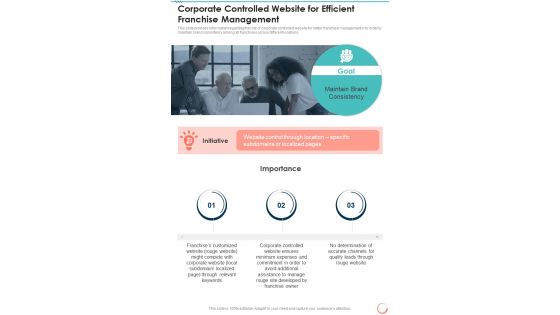 Franchise Corporate Controlled Website For Efficient Franchise Management One Pager Sample Example Document