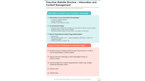 Franchise Website Structure Information And Content Management One Pager Sample Example Document