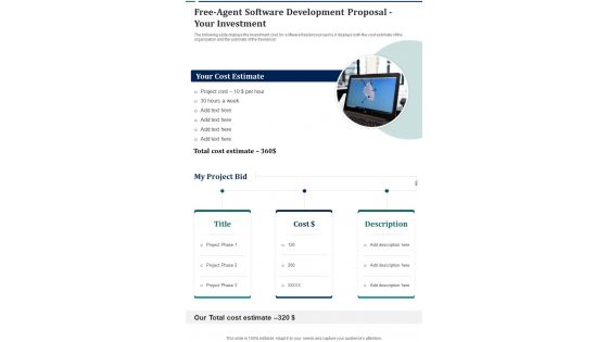 Free Agent Software Development Proposal Your Investment One Pager Sample Example Document