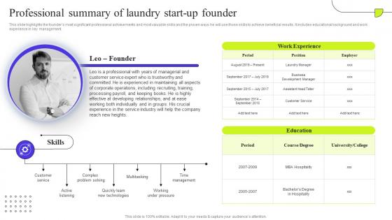 Fresh Laundry Service Professional Summary Of Laundry Start Up Founder BP SS