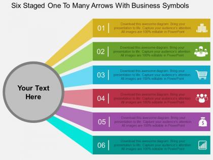 Fu six staged one to many arrows with business symbols flat powerpoint design