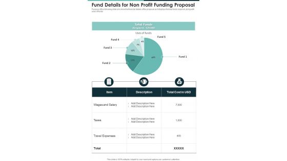 Fund Details For Non Profit Funding Proposal One Pager Sample Example Document