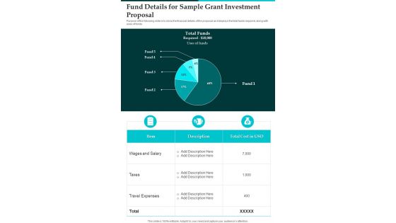 Fund Details For Sample Grant Investment Proposal One Pager Sample Example Document