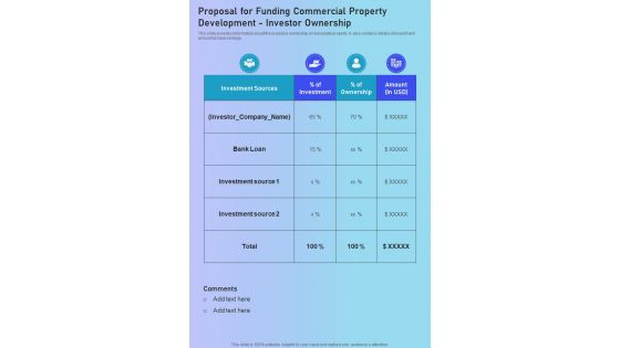 Funding Commercial Property Development Investor Ownership One Pager Sample Example Document