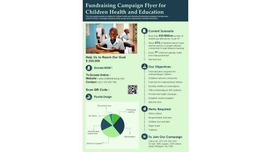 Fundraising Campaign Flyer For Children Health And Education Presentation Report Infographic PPT PDF Document