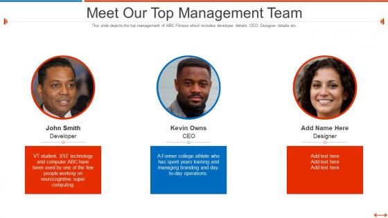 Fundraising pitch deck for fitness startup meet our top management team