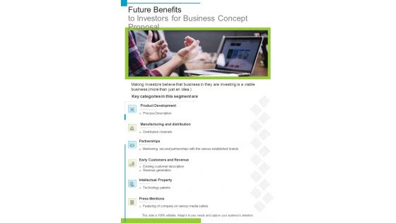 Future Benefits To Investors For Business Concept Proposal One Pager Sample Example Document