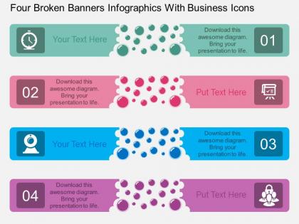 Fy four broken banners infographics with business icons flat powerpoint design