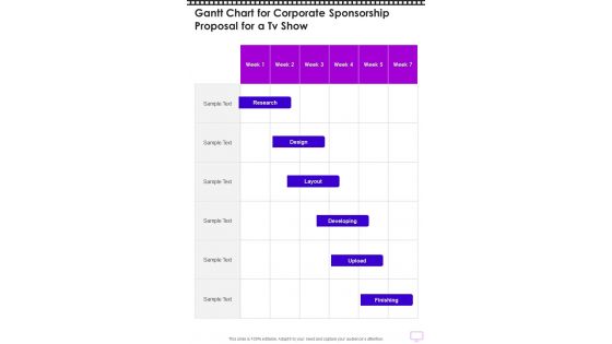 Gantt Chart For Corporate Sponsorship Proposal For A Tv Show One Pager Sample Example Document