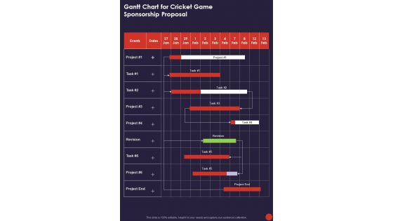 Gantt Chart For Cricket Game Sponsorship Proposal One Pager Sample Example Document