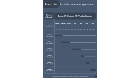 Gantt Chart For Debt Settlement Agreement One Pager Sample Example Document