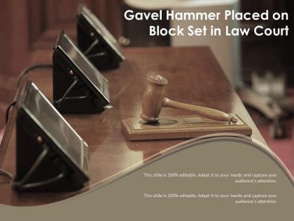 Gavel hammer placed on block set in law court