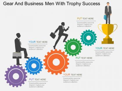 Gear and business men with trophy success flat powerpoint desgin