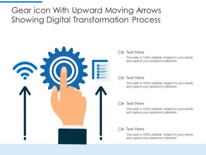 Gear icon with upward moving arrows showing digital transformation process