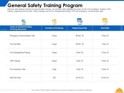 General safety training program duration ppt powerpoint presentation infographics background designs