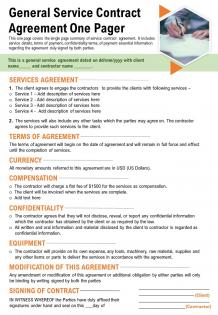 General service contract agreement one pager presentation report infographic ppt pdf document