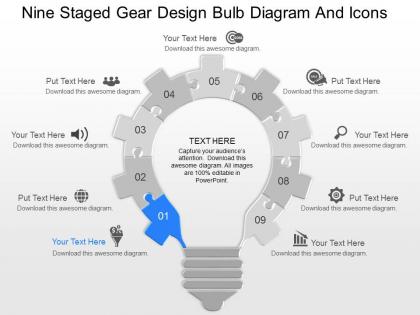 Gi nine staged gear design bulb diagram and icons powerpoint template