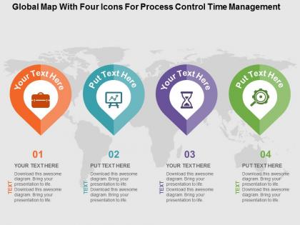 Global map with four icons for process control time management flat powerpoint design