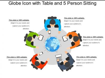 Globe icon with table and 5 person sitting