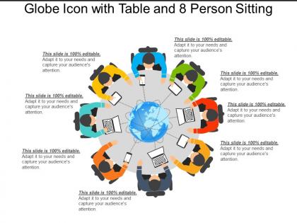Globe icon with table and 8 person sitting
