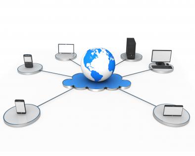 Globe on cloud devices with networking displaying cloud computing stock photo