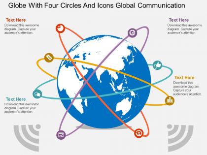 Globe with four circles and icons global communication ppt presentation slides