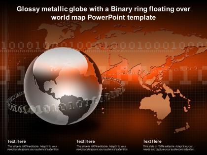 Glossy metallic globe with a binary ring floating over world map powerpoint template