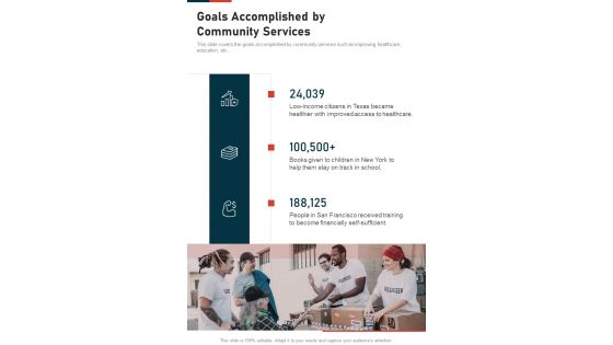Goals Accomplished By Community Services One Pager Sample Example Document