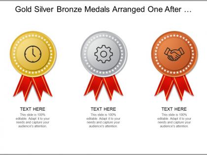 Gold silver bronze medals arranged one after another for distinct categories