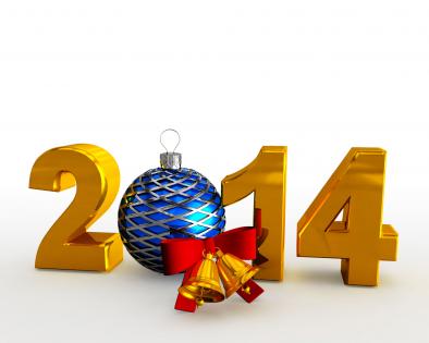 Golden 2014 with christmas ball for celebration stock photo
