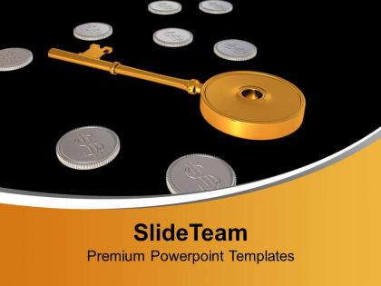 Golden key between dollar coins security powerpoint templates ppt backgrounds for slides 0113
