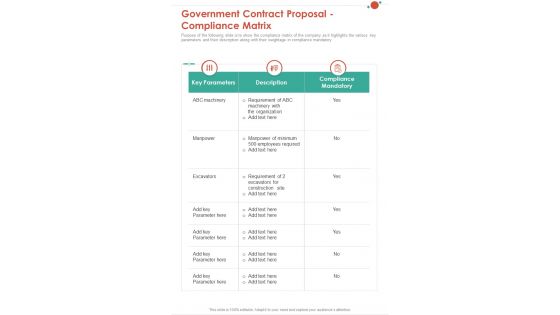 Government Contract Proposal Compliance Matrix One Pager Sample Example Document