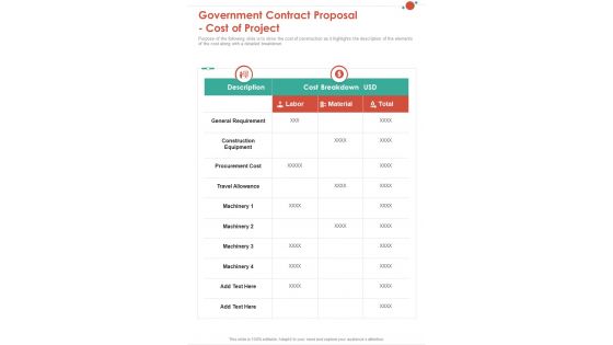 Government Contract Proposal Cost Of Project One Pager Sample Example Document