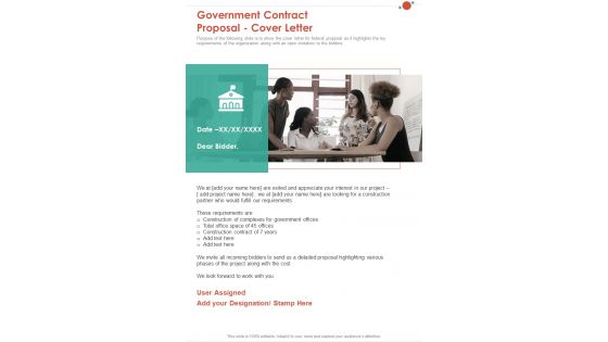 Government Contract Proposal Cover Letter One Pager Sample Example Document