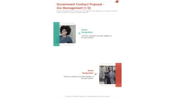 Government Contract Proposal Our Management One Pager Sample Example Document
