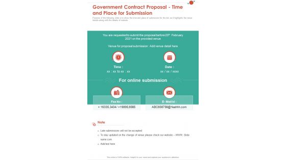 Government Contract Proposal Time And Place For Submission One Pager Sample Example Document