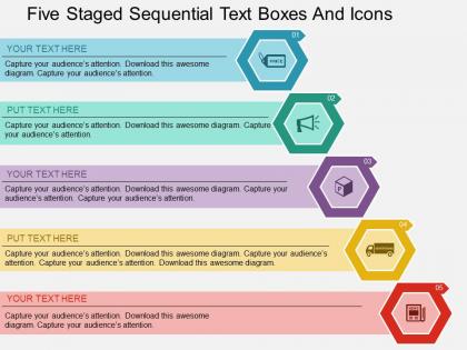 Gp five staged sequential text boxes and icons flat powerpoint design