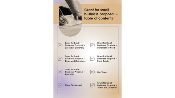 Grant For Small Business Proposal Table Of Contents One Pager Sample Example Document