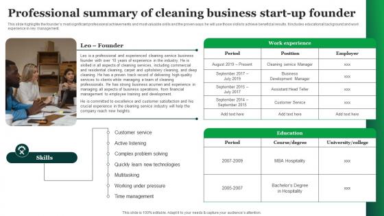 Green Cleaning Business Plan Professional Summary Of Cleaning Business Start Up Founder BP SS