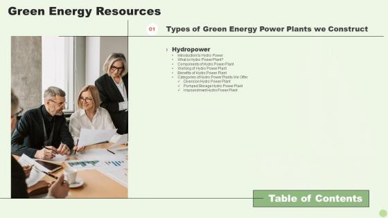 Green Energy Resources Table Of Contents Ppt Slides Example Introduction