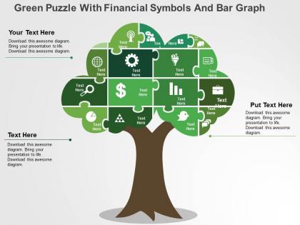 Green puzzle with financial symbols and bar graph flat powerpoint design
