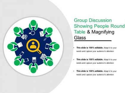 Group discussion showing people round table and magnifying glass