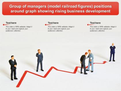 Group of managers model railroad figures positions around graph showing rising business development